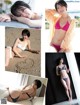 A collage of photos of a woman in a bikini laying on a bed.