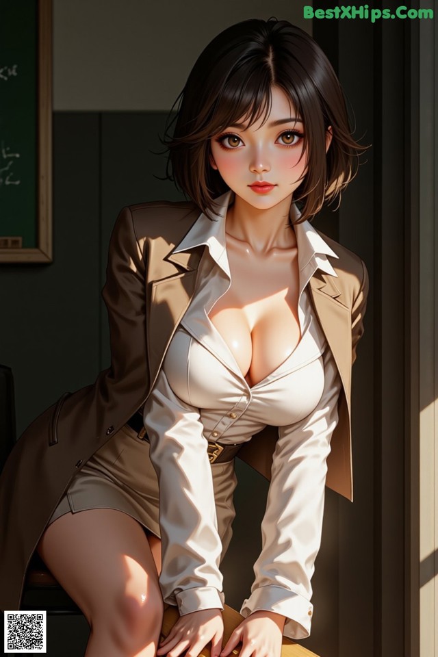 A woman in a white shirt and brown jacket sitting on a chair.