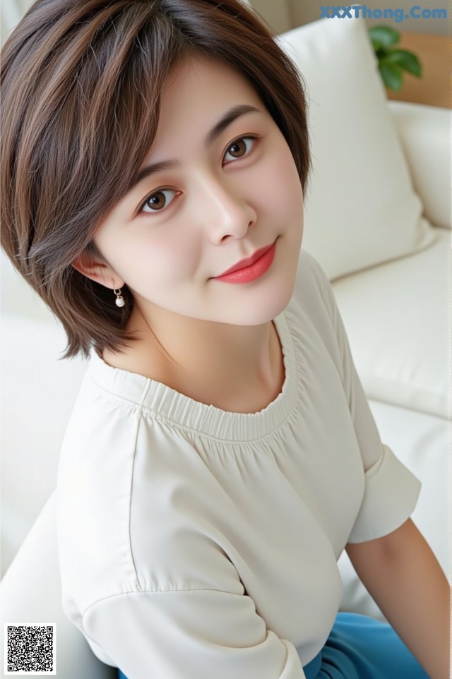 a woman sitting on top of a white couch