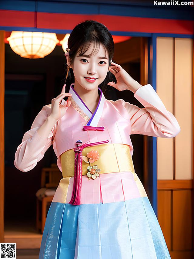 A woman in a pink and blue hanbok poses for a picture.
