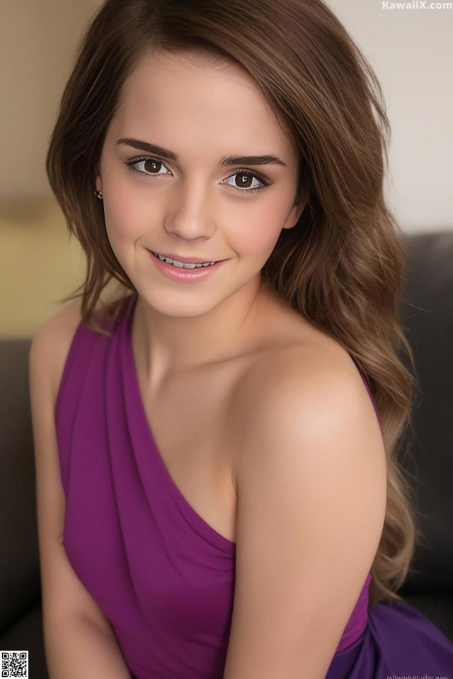 A beautiful young woman in a purple dress posing for a picture.