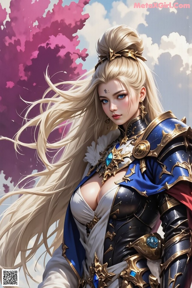 A woman with long blonde hair wearing a blue and gold outfit.
